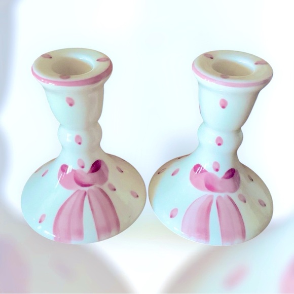 Beautiful Pink Ribbon Bow Candlestick Holders Elegant Glass With Votive Cups - Picture 2 of 3